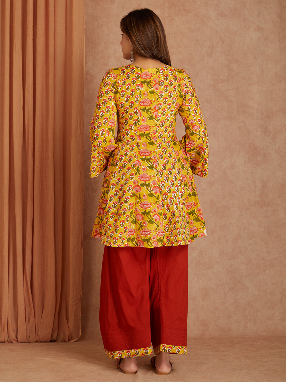 Yellow & Brown Cotton Short Gathered Kurta with Salwar- Set of 2