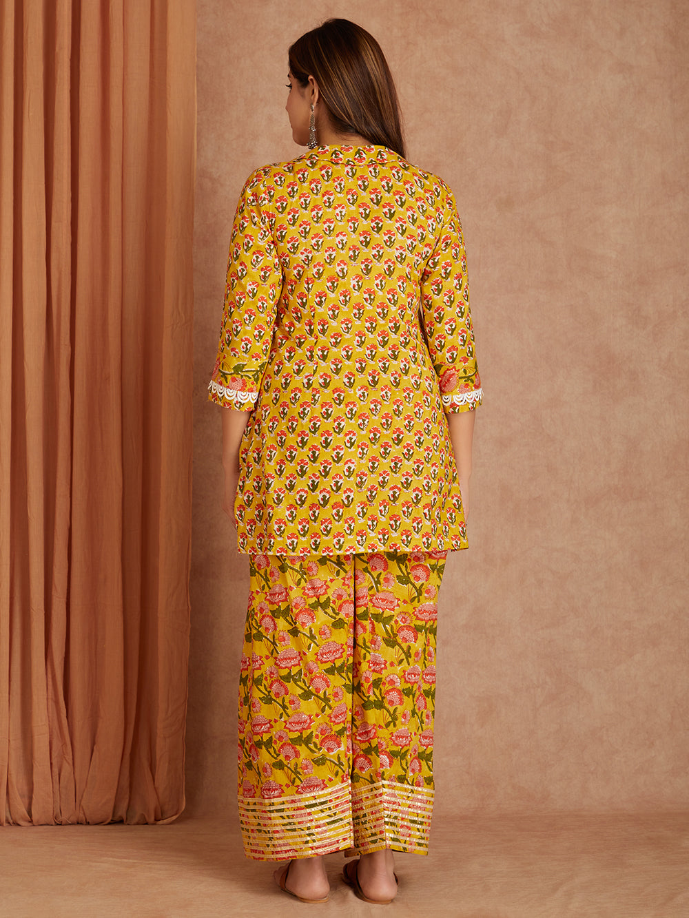 Mustard Block Printed Cotton Short Kurta with Lace Detailing