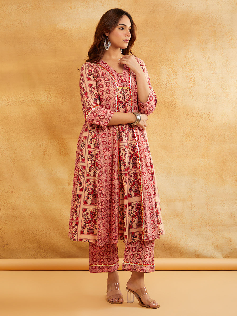 Pink Block Printed A-Line Embellished Kurta with Pants - Set of 2