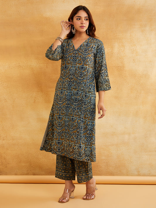 Blue Block Printed A-line Piping Detailing Kurta with Pants - Set of 2