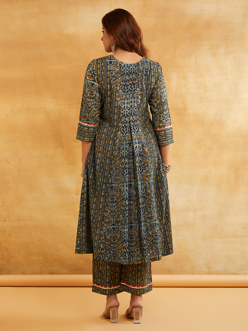 Blue Block Printed A-Line Embellished Kurta