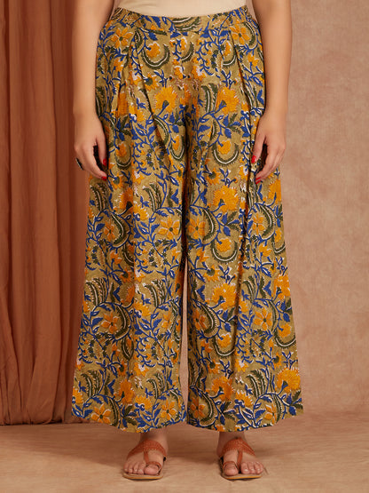 Green Cotton Short Kurta with Printed Palazzo- Set of 2