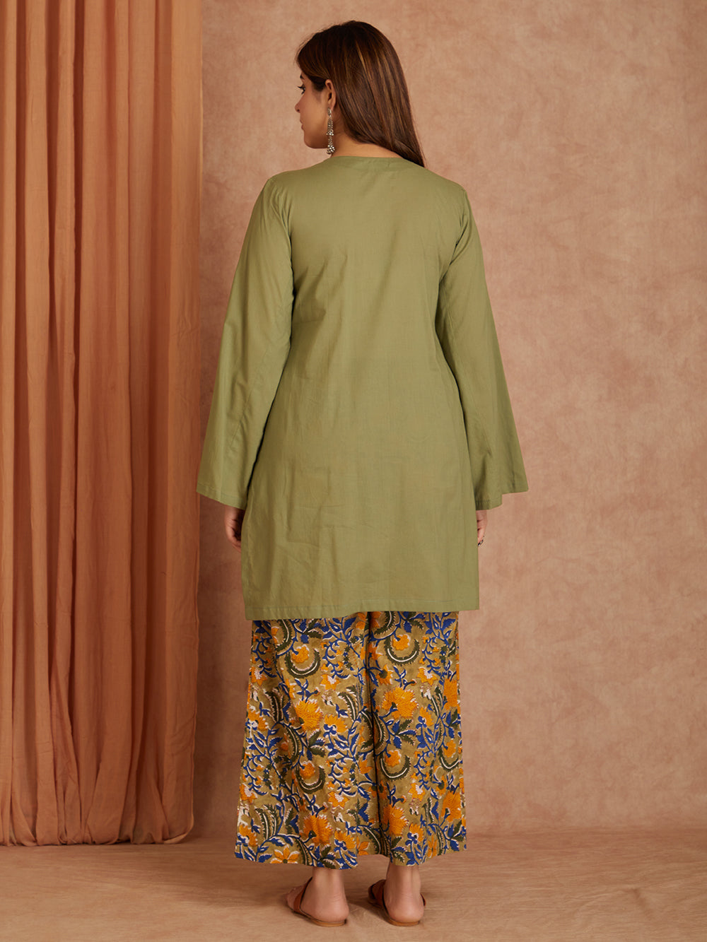 Green Cotton Short Kurta with Printed Palazzo- Set of 2