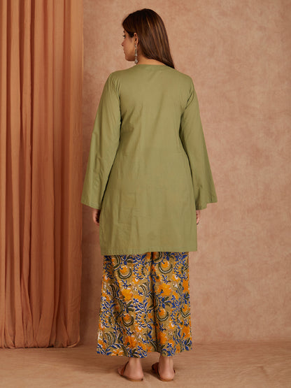 Green Cotton Solid Short Kurta