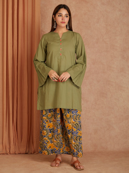 Green Cotton Short Kurta with Printed Palazzo- Set of 2