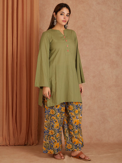 Green Cotton Solid Short Kurta