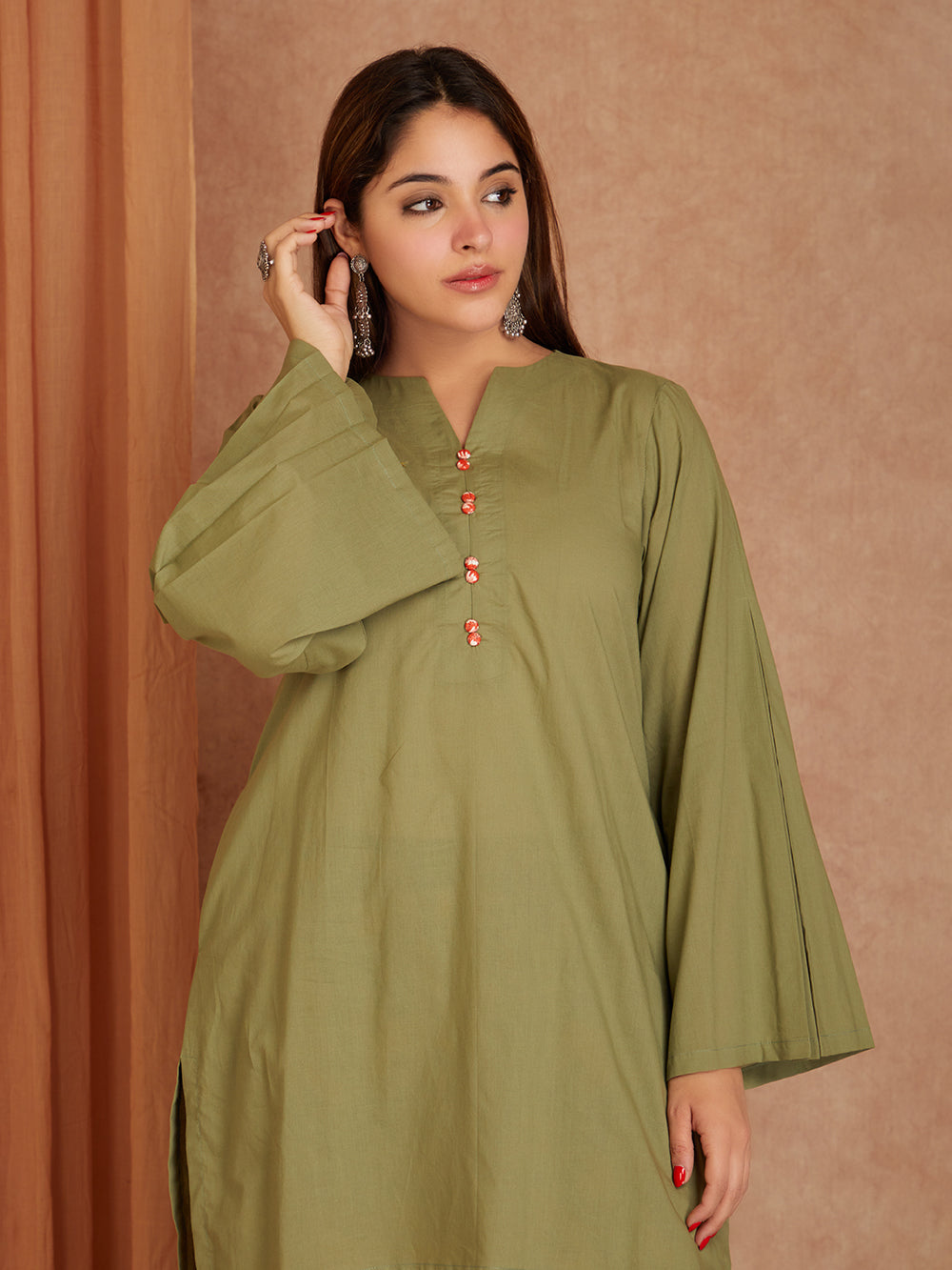 Green Cotton Solid Short Kurta