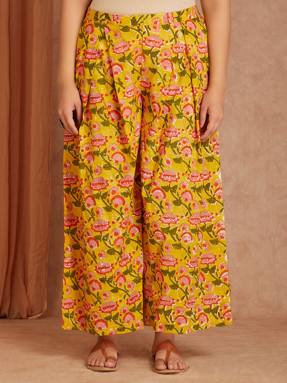 Yellow  Cotton Short Kurta with Printed Palazzo- Set of 2