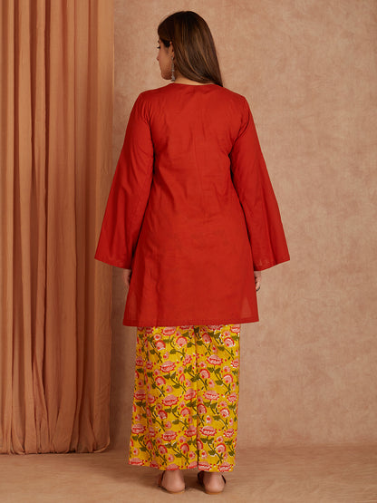 Yellow  Cotton Short Kurta with Printed Palazzo- Set of 2