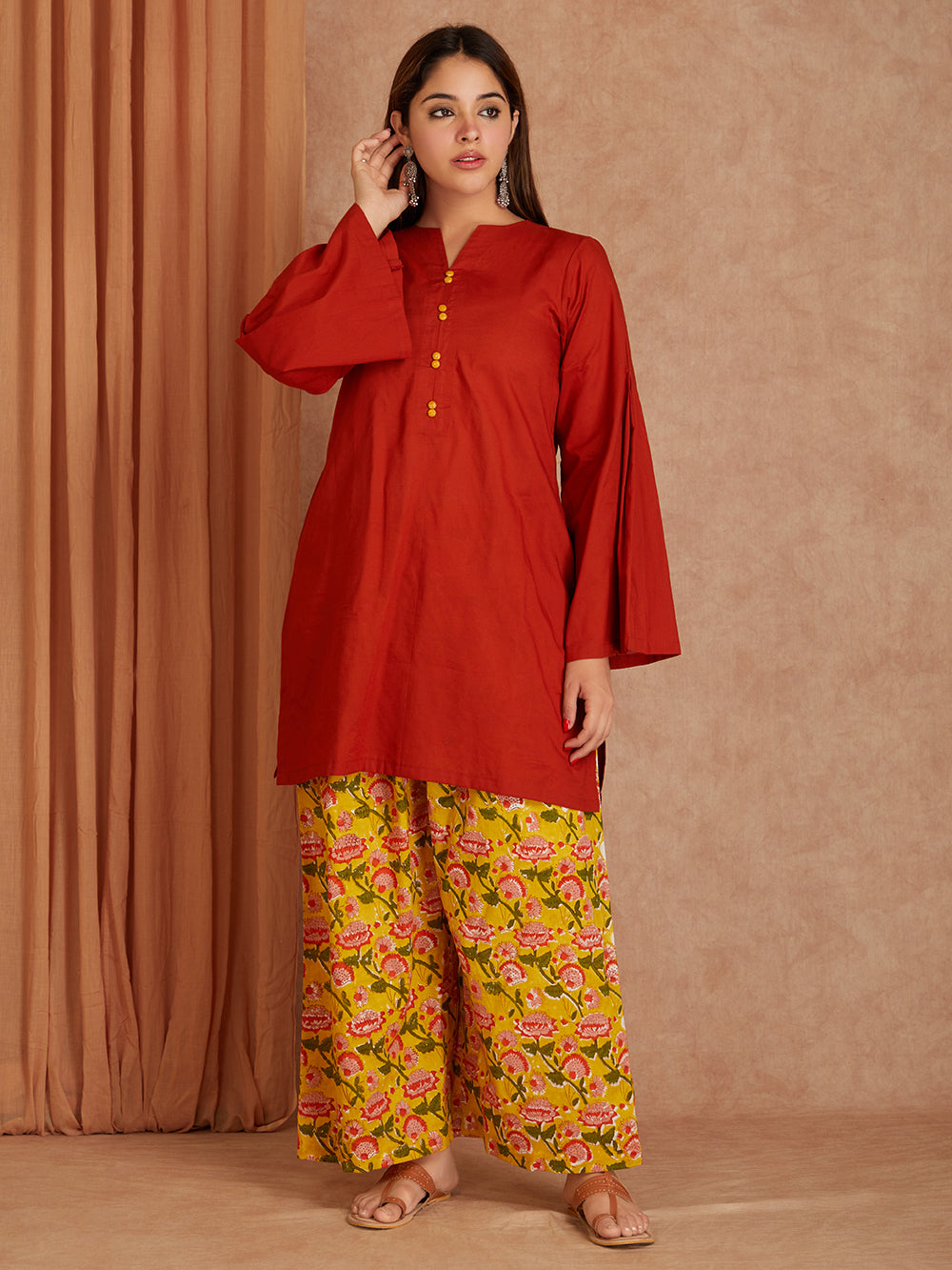 Yellow  Cotton Short Kurta with Printed Palazzo- Set of 2