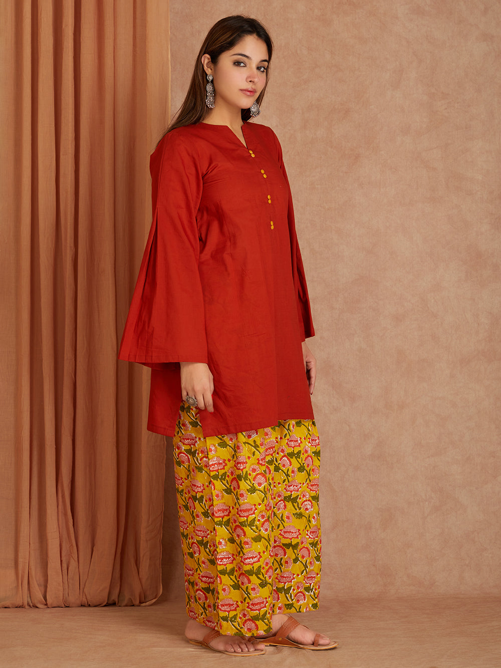 Yellow  Cotton Short Kurta with Printed Palazzo- Set of 2