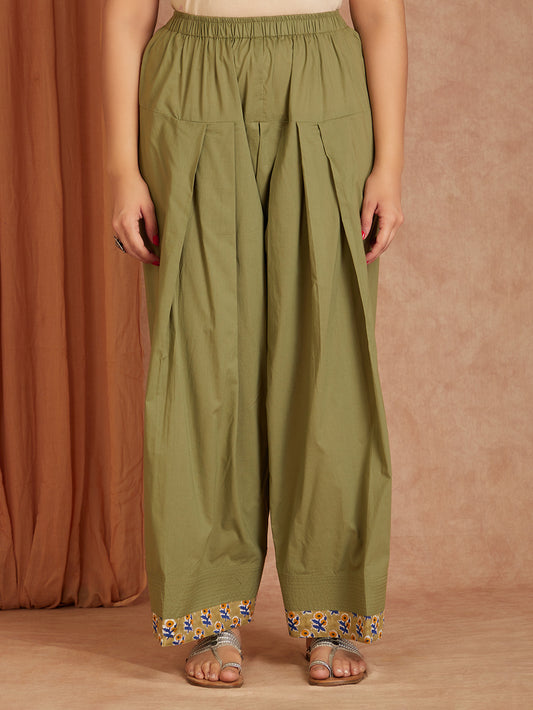 Green Cotton Solid Farsi Salwar