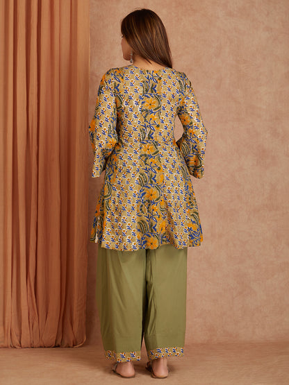 Olive Green Hand Block Printed Cotton Kurta