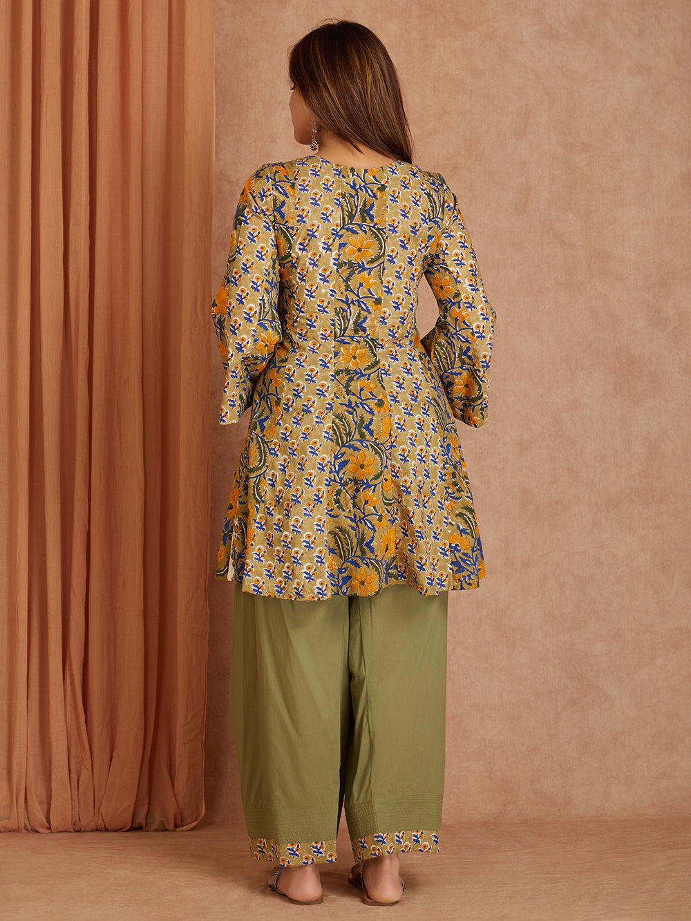 Olive Green Handblock Printed Cotton Kurta with Farsi Salwar- set of 2