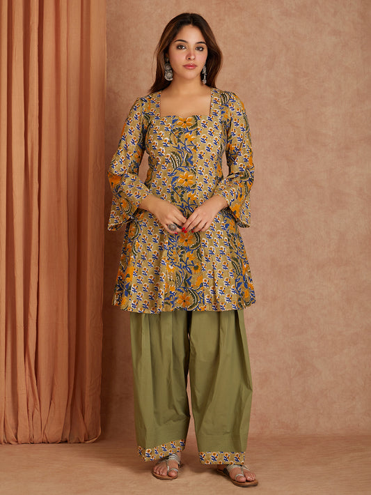 Olive Green Handblock Printed Cotton Kurta with Farsi Salwar- set of 2