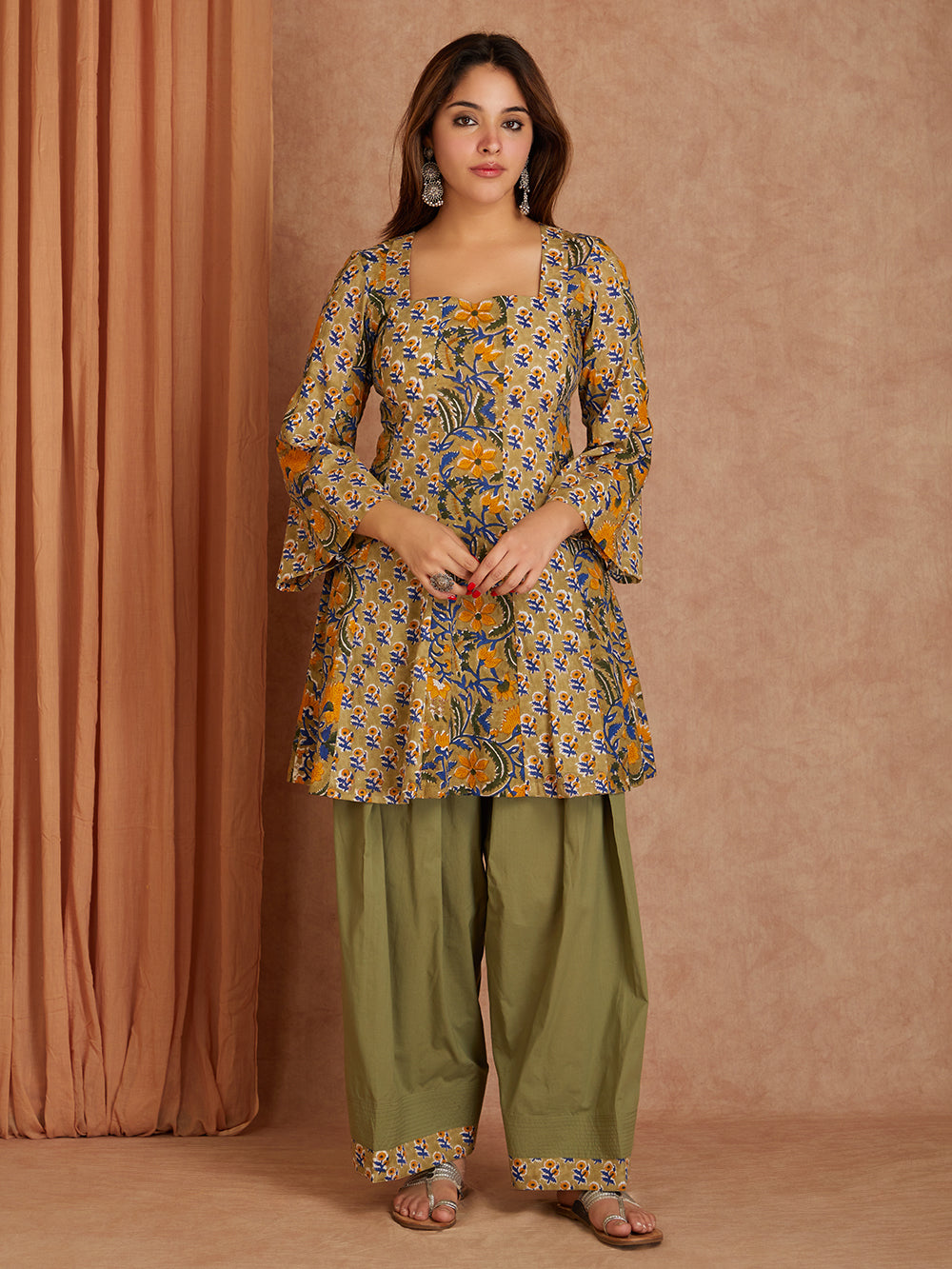 Olive Green Hand Block Printed Cotton Kurta