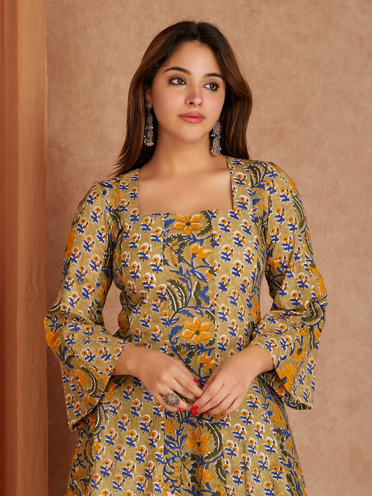 Olive Green Handblock Printed Cotton Kurta with Farsi Salwar- set of 2