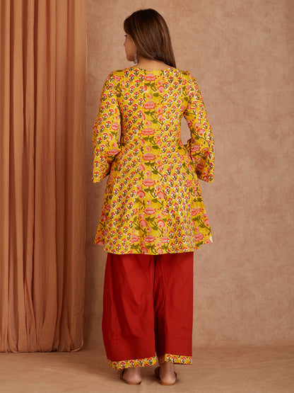Yellow & Brown Cotton Short Gathered Kurta with Salwar- Set of 2