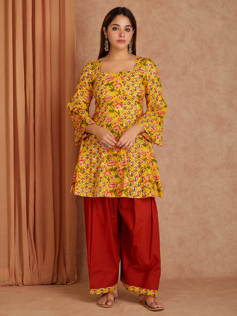 Yellow & Brown Cotton Short Gathered Kurta