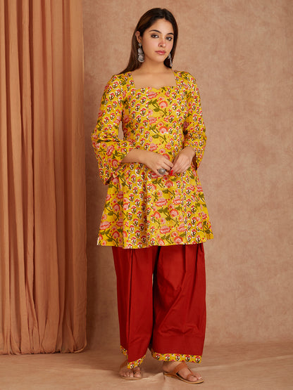 Yellow & Brown Cotton Short Gathered Kurta