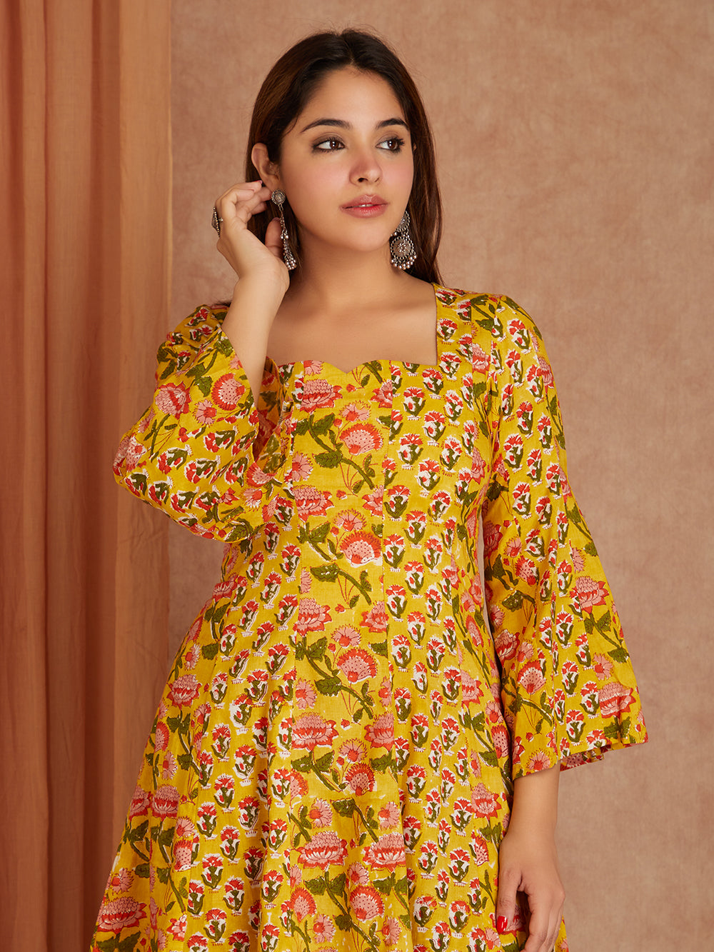 Yellow & Brown Cotton Short Gathered Kurta