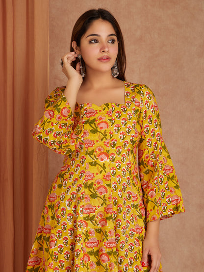 Yellow & Brown Cotton Short Gathered Kurta