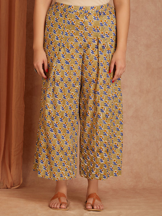 Olive Block Printed Cotton Palazzo