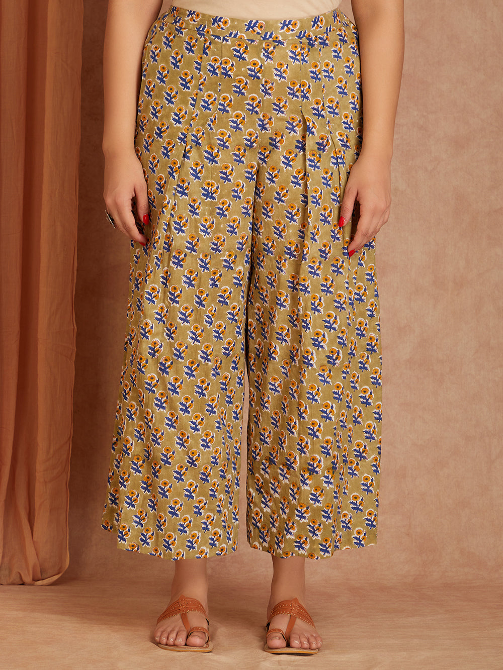 Olive Green Cotton Kurta with Printed Palazzo- set of 2