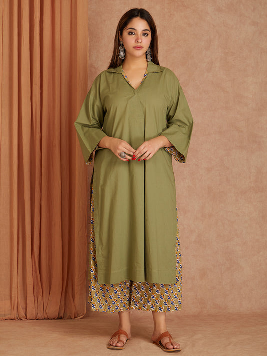Olive Green Cotton Solid Kurta
