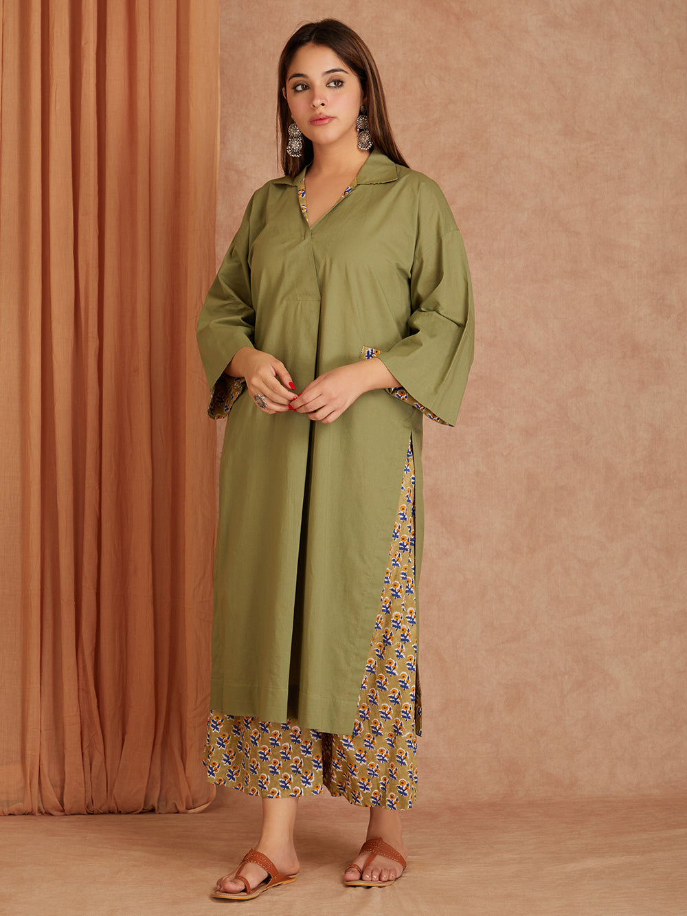 Olive Block Printed Cotton Palazzo