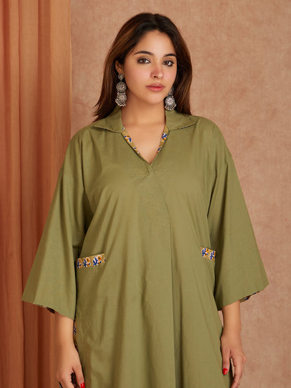 Olive Green Cotton Solid Kurta