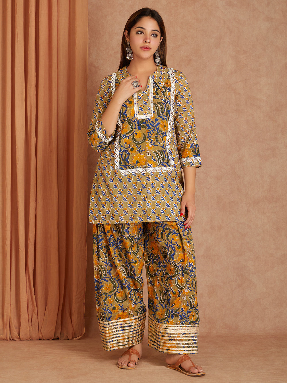 Green Block Printed Cotton Farsi Salwar