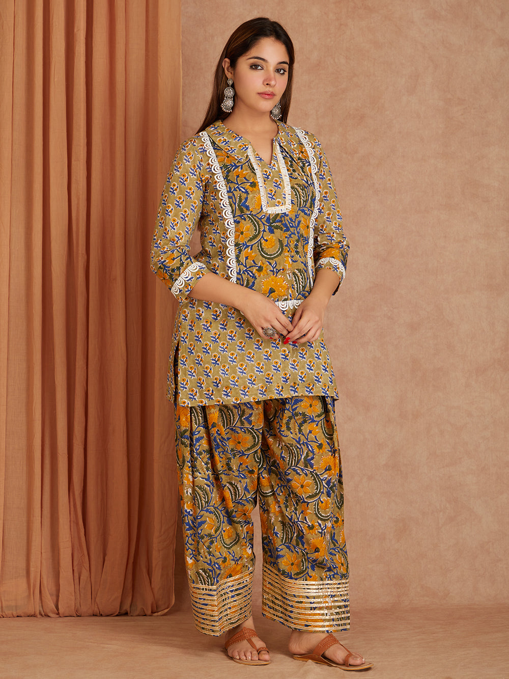 Green Hand Block Printed Cotton Short Kurta with Lace Detailing