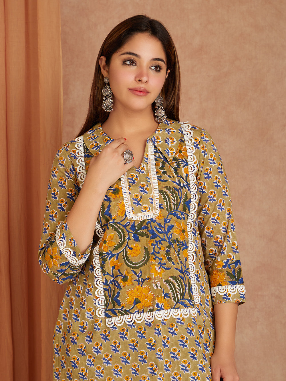 Green Hand Block Printed Cotton Kurta with Farsi Salwar - Pack of 2