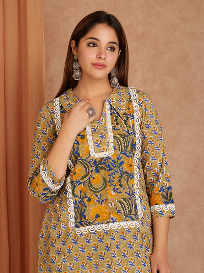 Green Hand Block Printed Cotton Kurta with Farsi Salwar - Pack of 2