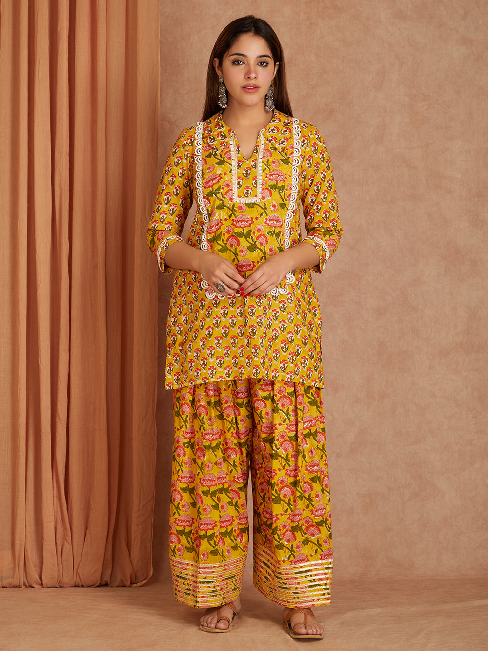 Mustard Block Printed Cotton Kurta with Farsi Salwar - Pack of 2
