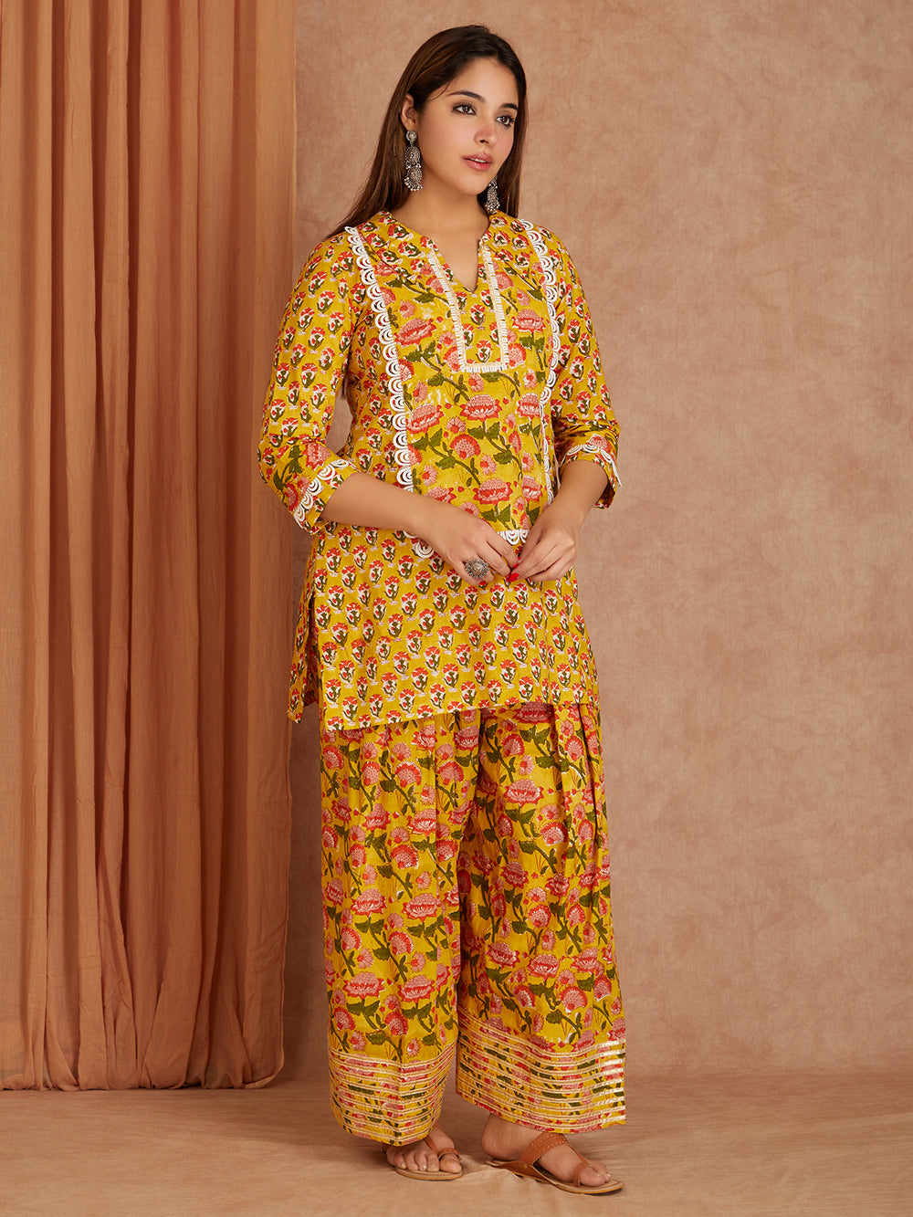 Mustard Block Printed Cotton Farsi Salwar