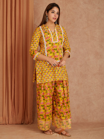 Mustard Block Printed Cotton Short Kurta with Lace Detailing