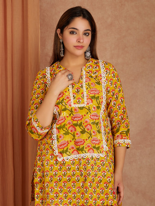 Mustard Block Printed Cotton Short Kurta with Lace Detailing