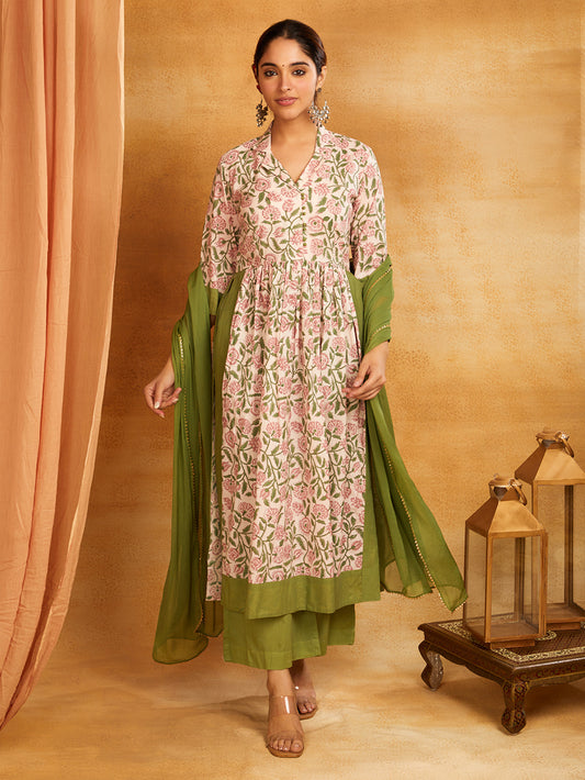 Green Block Printed Long Slit Suit Set