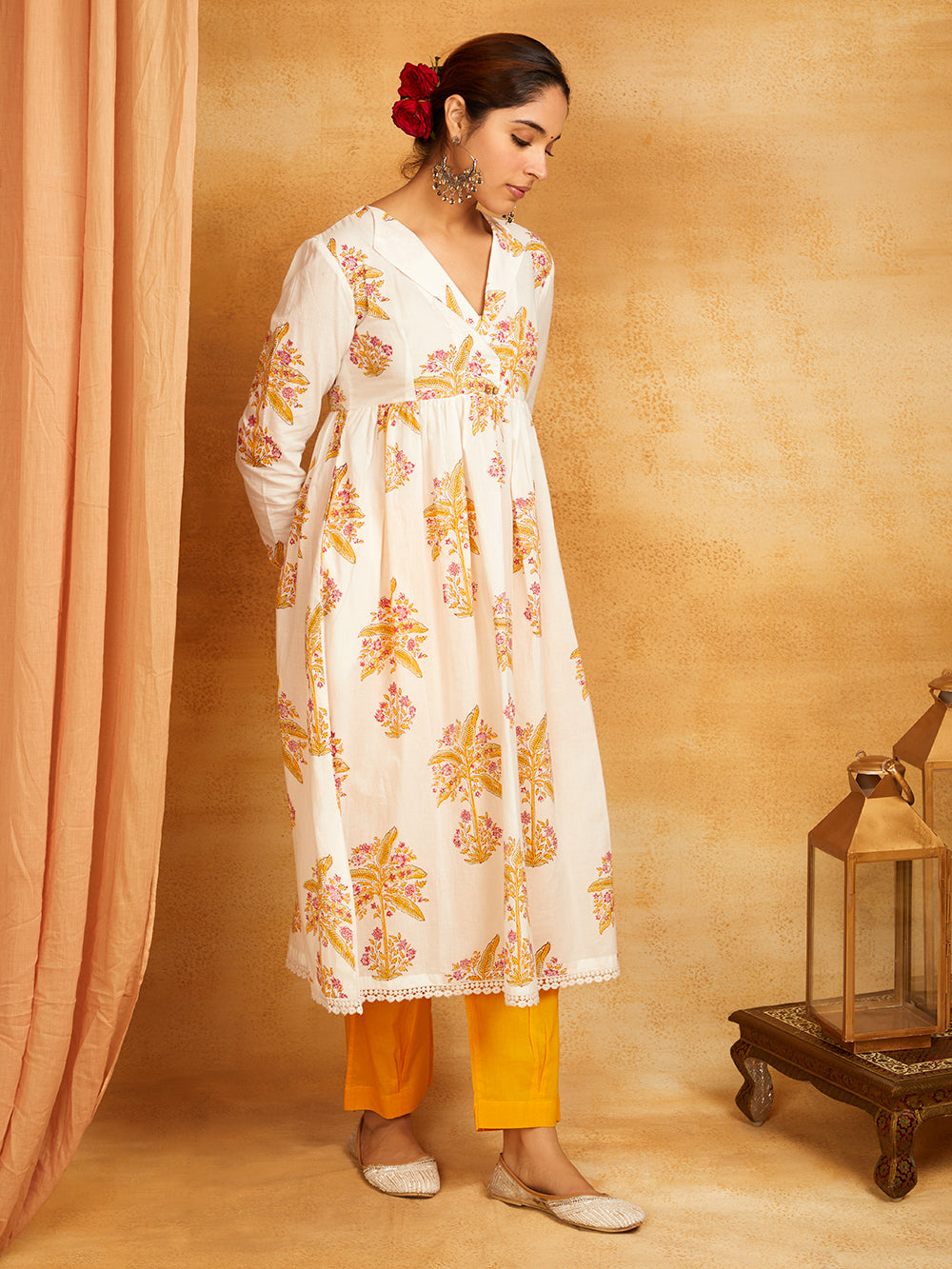 Block Printed Cotton Anarkali Kurta & Pants
