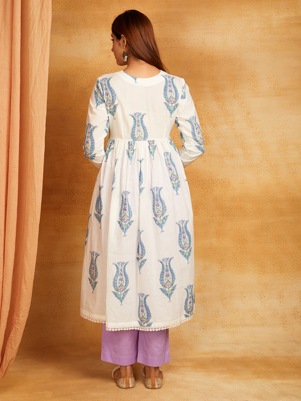Block Printed Cotton Anarkali Kurta & Pants