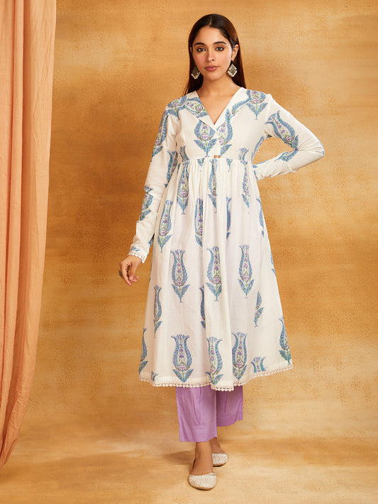 Block Printed Cotton Anarkali Kurta & Pants
