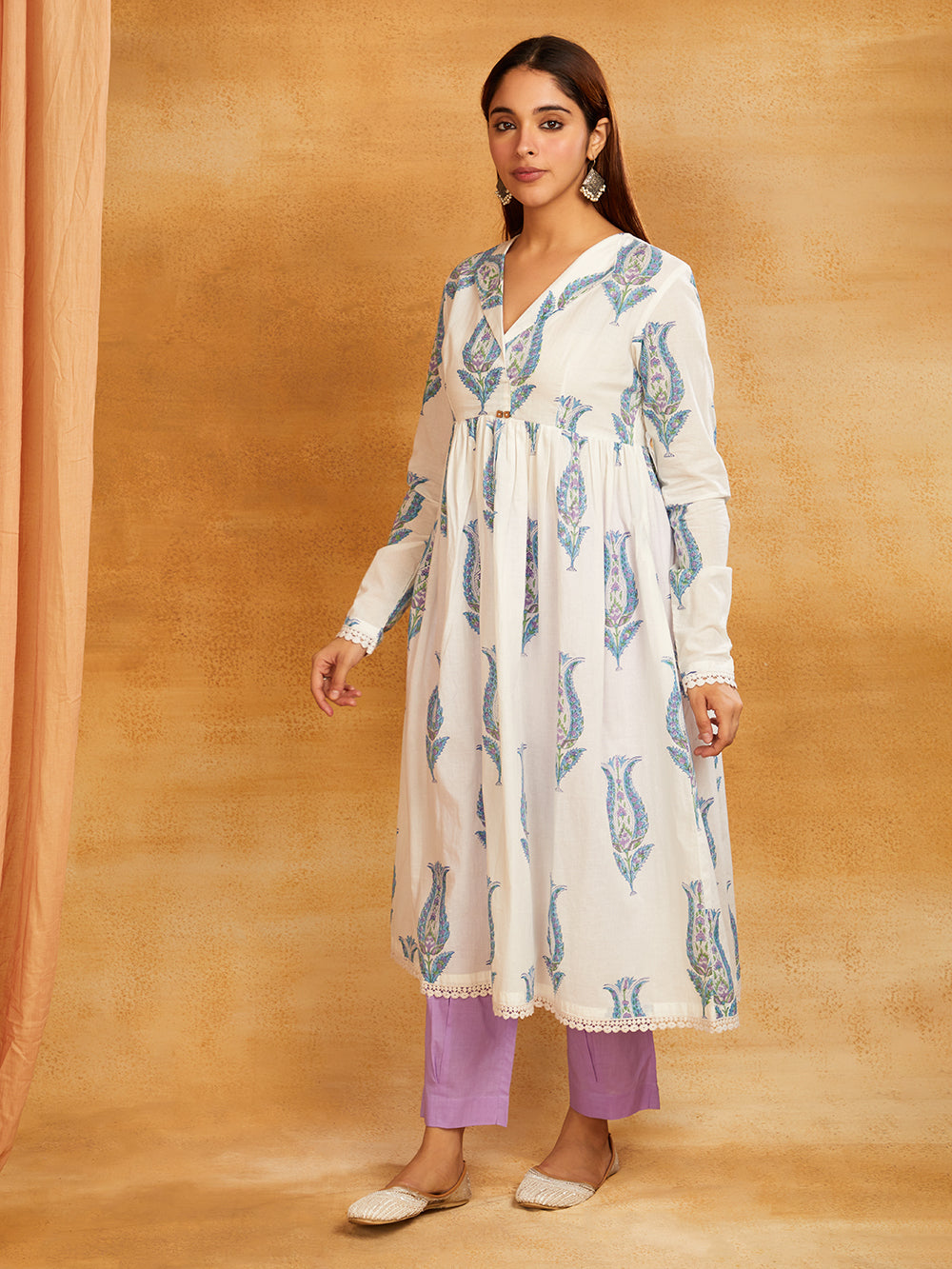 Block Printed Cotton Anarkali Kurta & Pants
