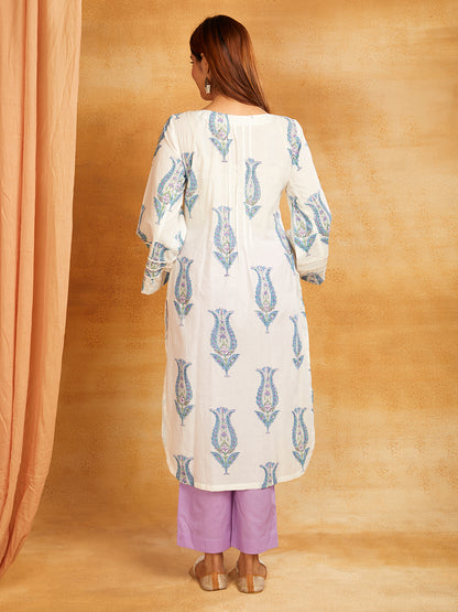 Block Printed Cotton Lace Detailing Suit Set