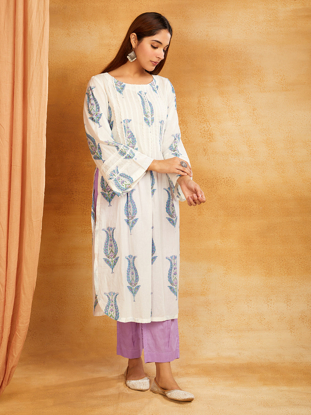 Block Printed Cotton Lace Detailing Suit Set