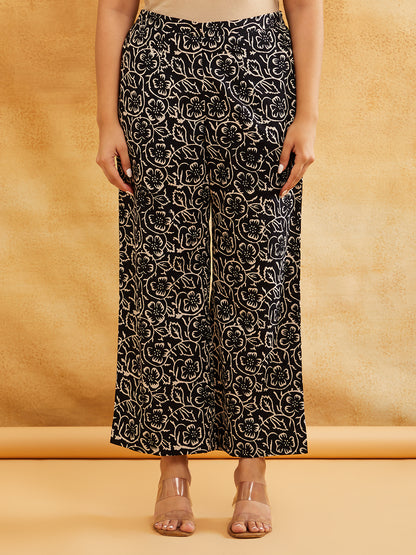 Black Block Printed Straight Front Pleated Kurta with Palazzo - Set of 2