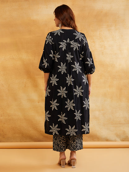 Black Block Printed Straight Front Pleated Kurta with Palazzo - Set of 2