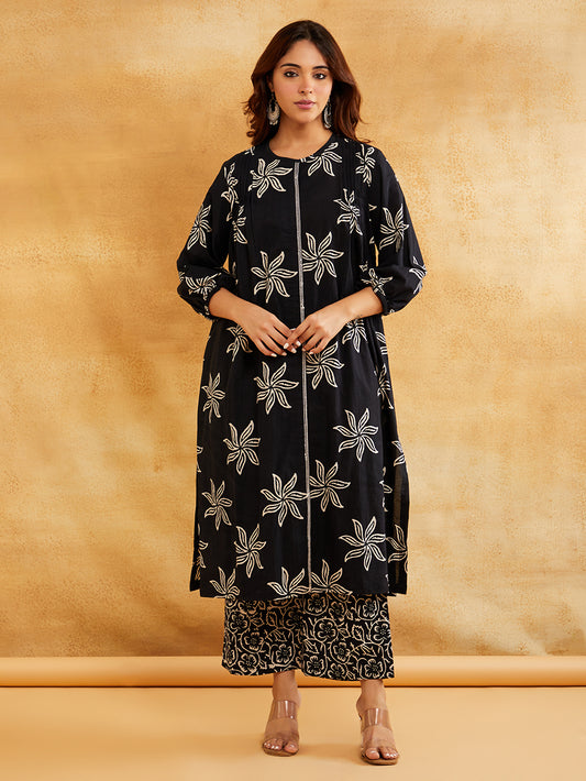 Black Block Printed Straight Front Pleated Kurta