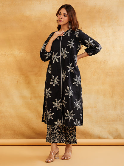 Black Block Printed Straight Front Pleated Kurta with Palazzo - Set of 2